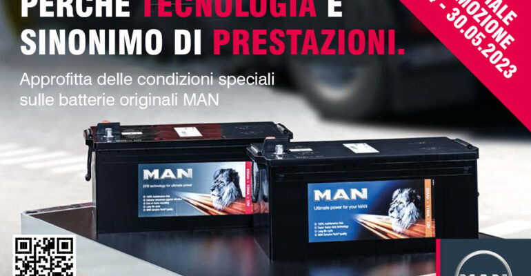 Perché tecnologia è sinonimo di prestazioni. Approfitta delle condizioni speciali sulle batterie originali MAN.  Campagna valida dal 01.04 al 30.05.2023!